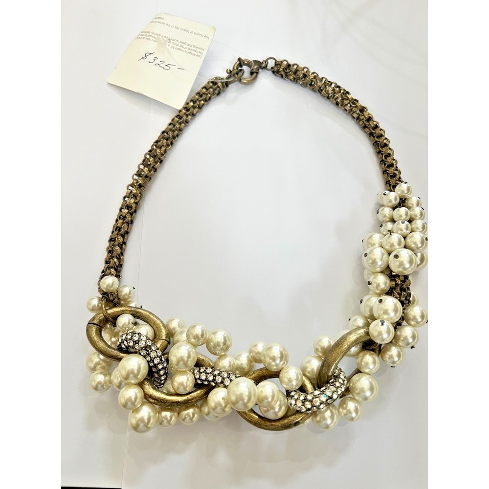 NOS Lee Angel Faux Pearl Rhinestone Link Necklace Antiqued Gold Y2K Luxe Baroque